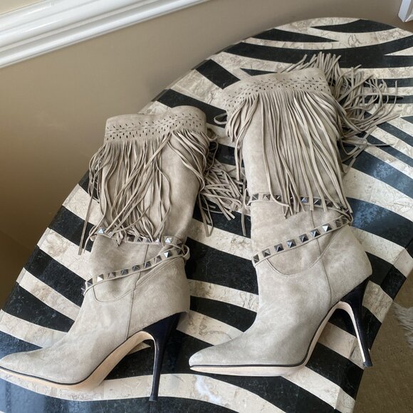 MANOLO BLAHNIK Suede Fringe Western Boots Heels - Picture 16 of 16